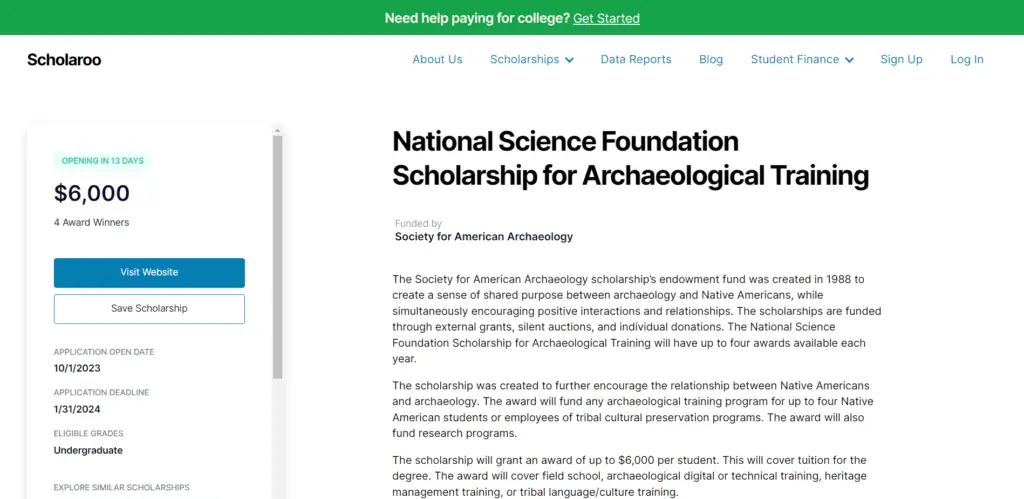 National Science Foundation Scholarship for Archaeological Training
