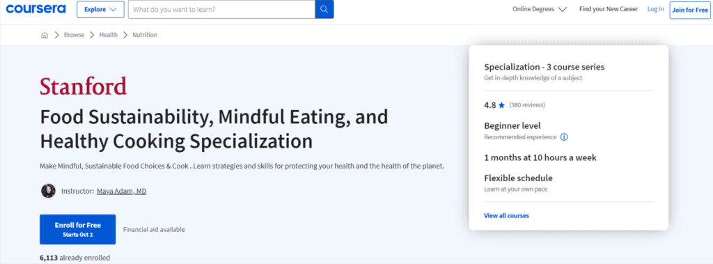 Food Sustainability Mindful Eating, and Healthy Cooking Specialization