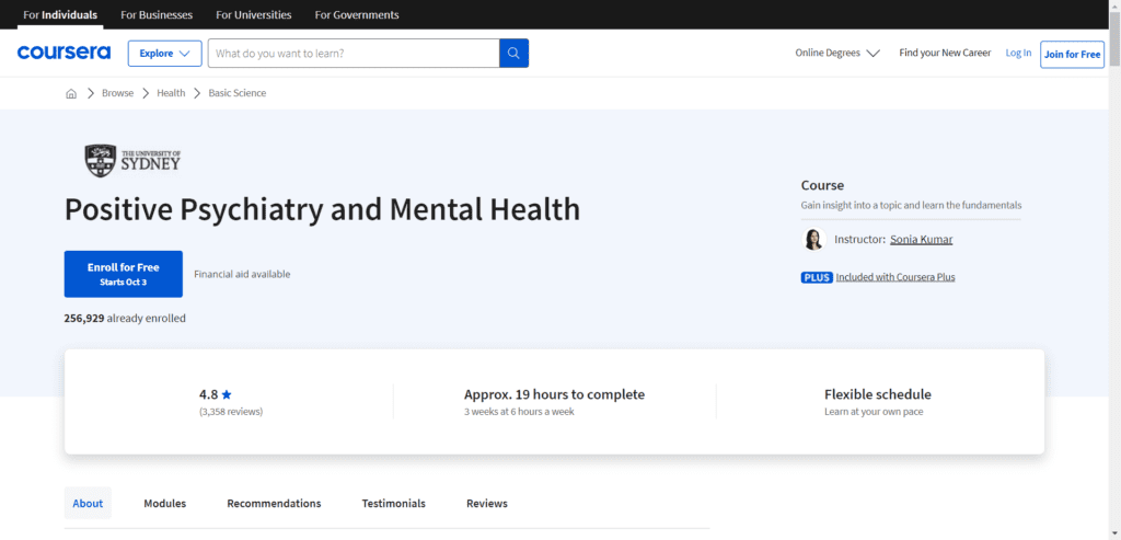 Positive Psychiatry and Mental Health- Coursera